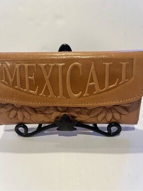 Saddle Tan Leather Clutch • Floral Carving • ‘MEXICALI’ Embossed on the Flap